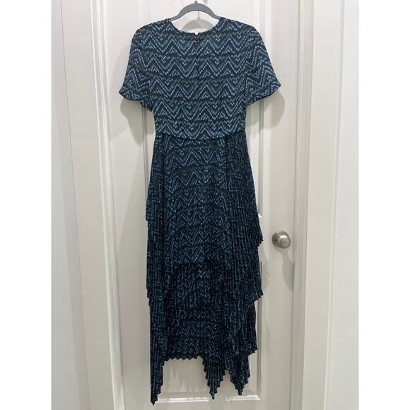 A.L.C. Blue & Black Kylia 100% Silk Asymmetrical Midi Dress Sz 2 - Picture 10 of 11